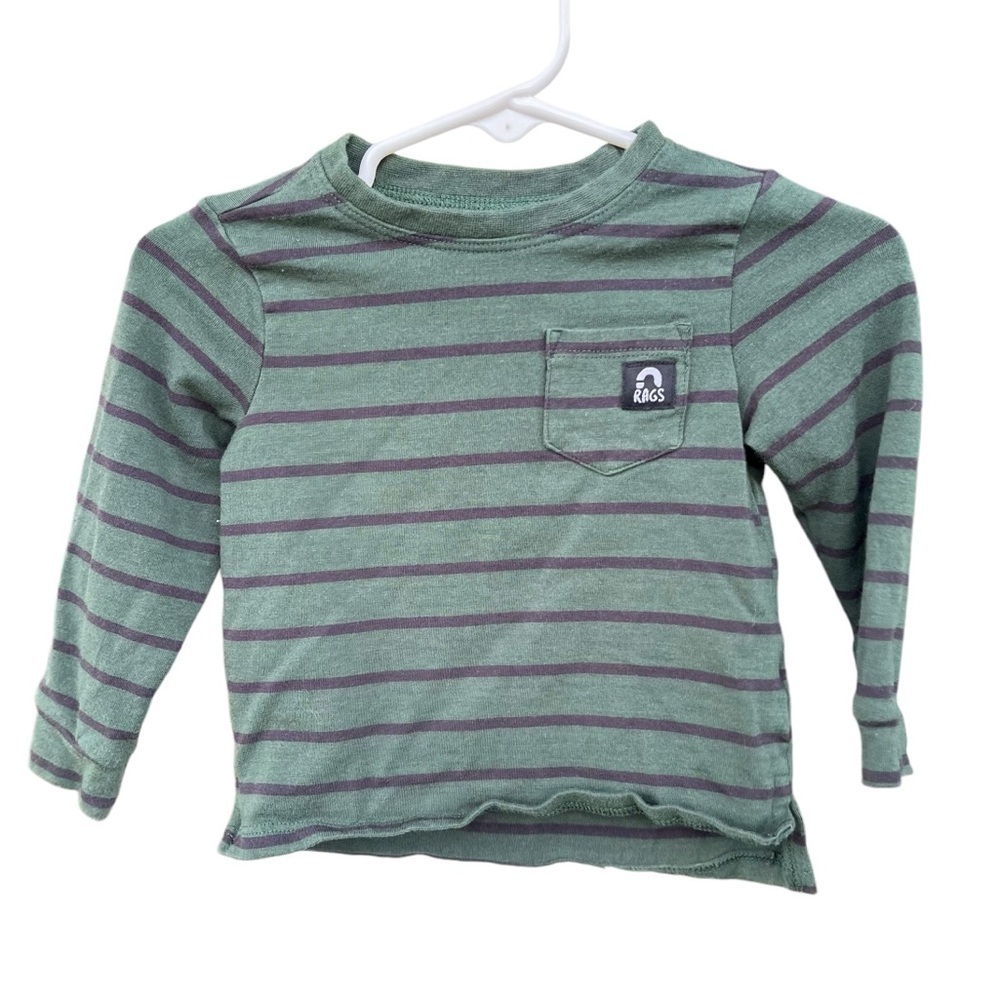 Rags to Raches Stripe Long Sleeve T-Shirt Green Blue Soft 6-12 Months GUC